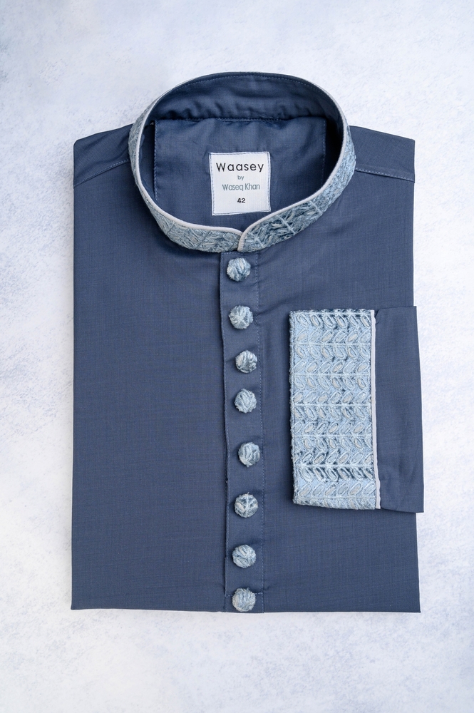 Navy Blue Panjabi with Silver Leaf Pattern
